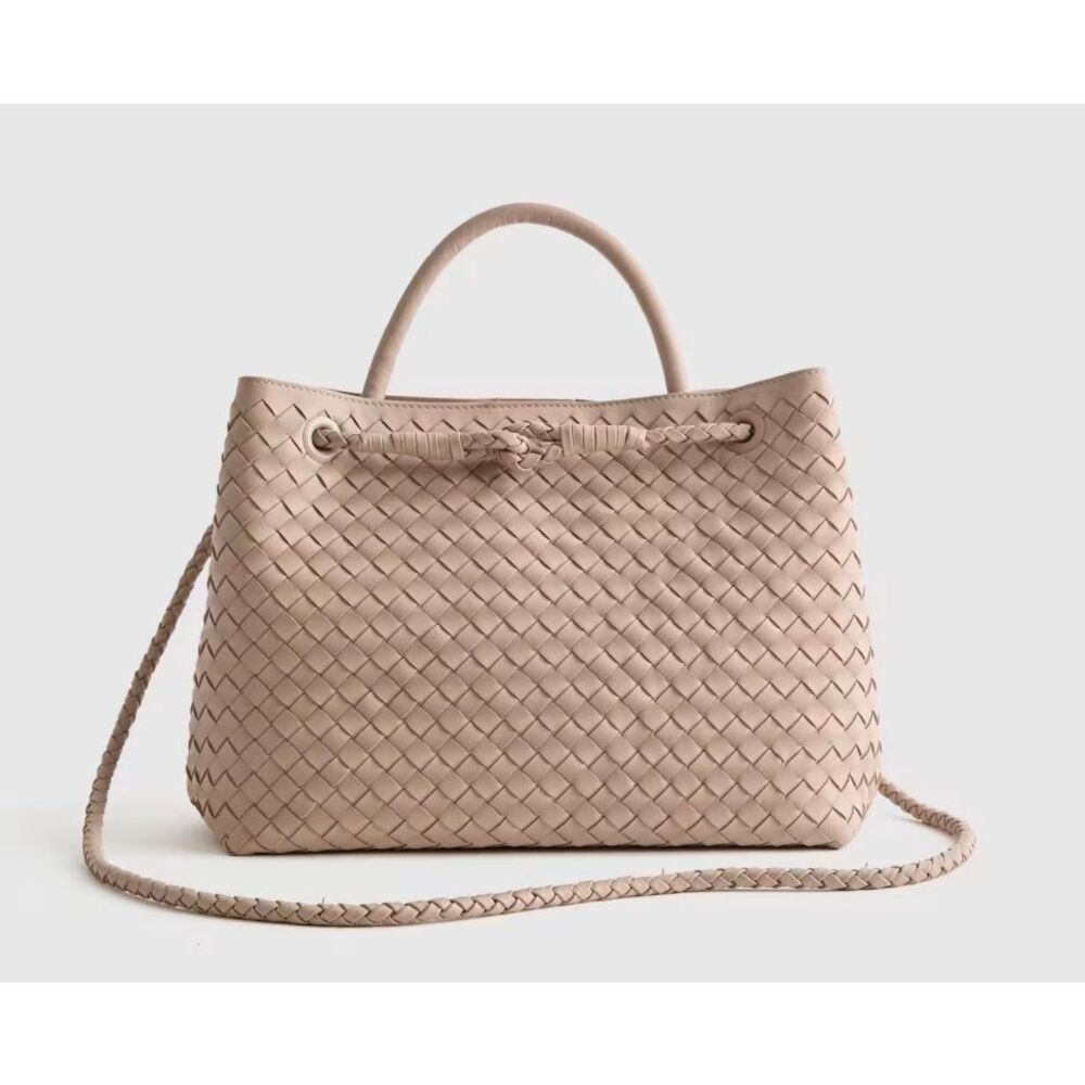 Quince Italian Leather Handwoven Satchel Crossbody Bag Taupe Quiet Luxury Woven